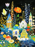Illustration originale d'un village magique aux maisons illustrées entouré de grandes fleurs de couleurs sous un ciel étoilé