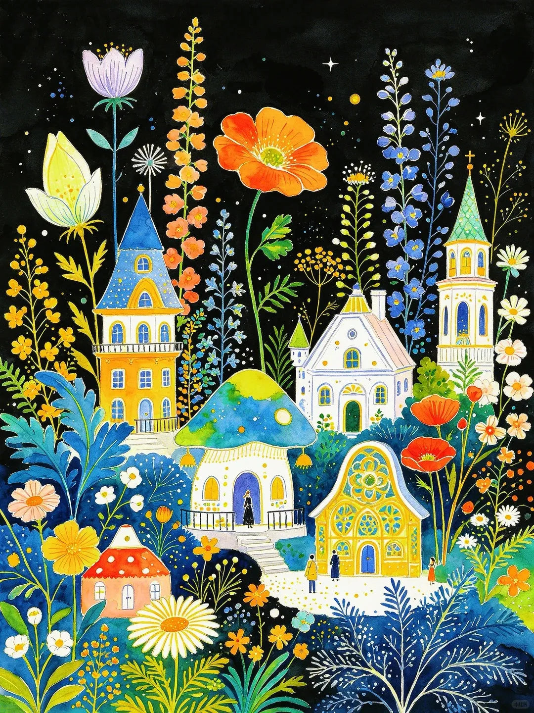 Illustration originale d'un village magique aux maisons illustrées entouré de grandes fleurs de couleurs sous un ciel étoilé