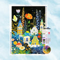 Kit complet de broderie diamant illustrant un village féérique avec maisons champignons et fleurs géantes sur fond noir