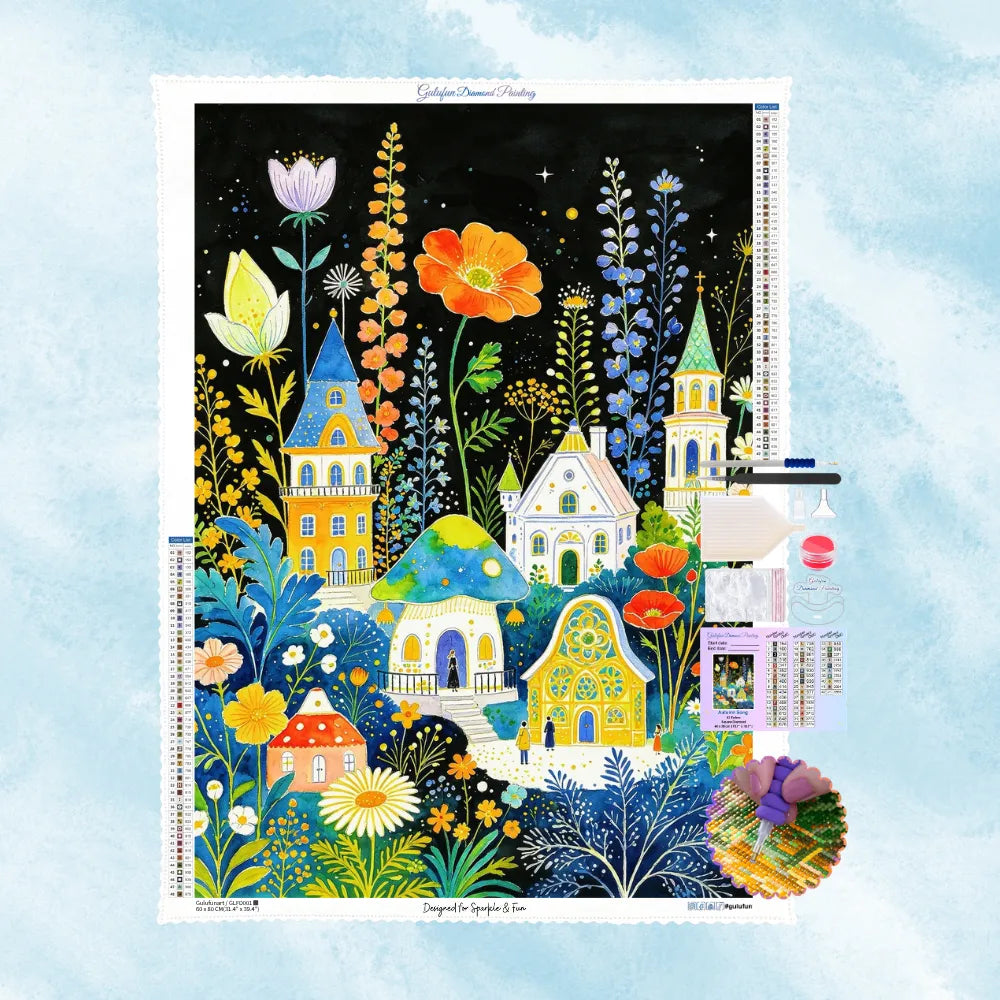 Kit complet de broderie diamant illustrant un village féérique avec maisons champignons et fleurs géantes sur fond noir