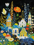 Rendu final d'une broderie diamant encadrée représentant une scène nocturne féérique avec fleurs colorées et maisons magiques