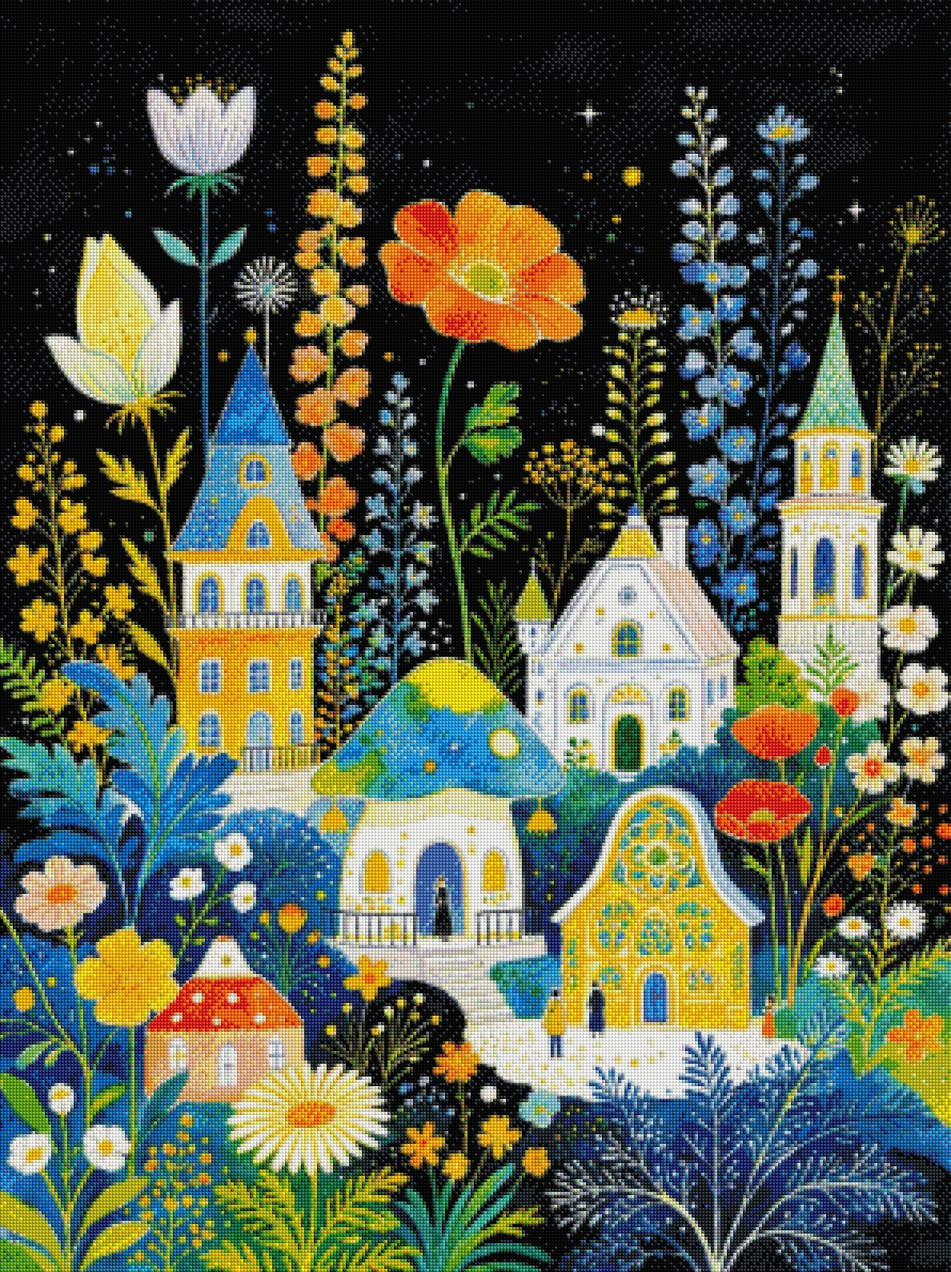 Rendu final d'une broderie diamant encadrée représentant une scène nocturne féérique avec fleurs colorées et maisons magiques