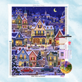 Kit complet de broderie diamant montrant un village d'hiver illuminé sous la neige et le croissant de lune avec voitures rétro
