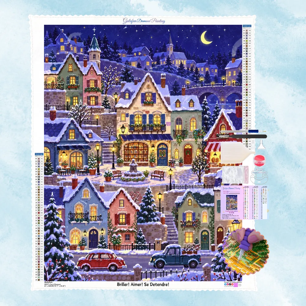 Kit complet de broderie diamant montrant un village d'hiver illuminé sous la neige et le croissant de lune avec voitures rétro