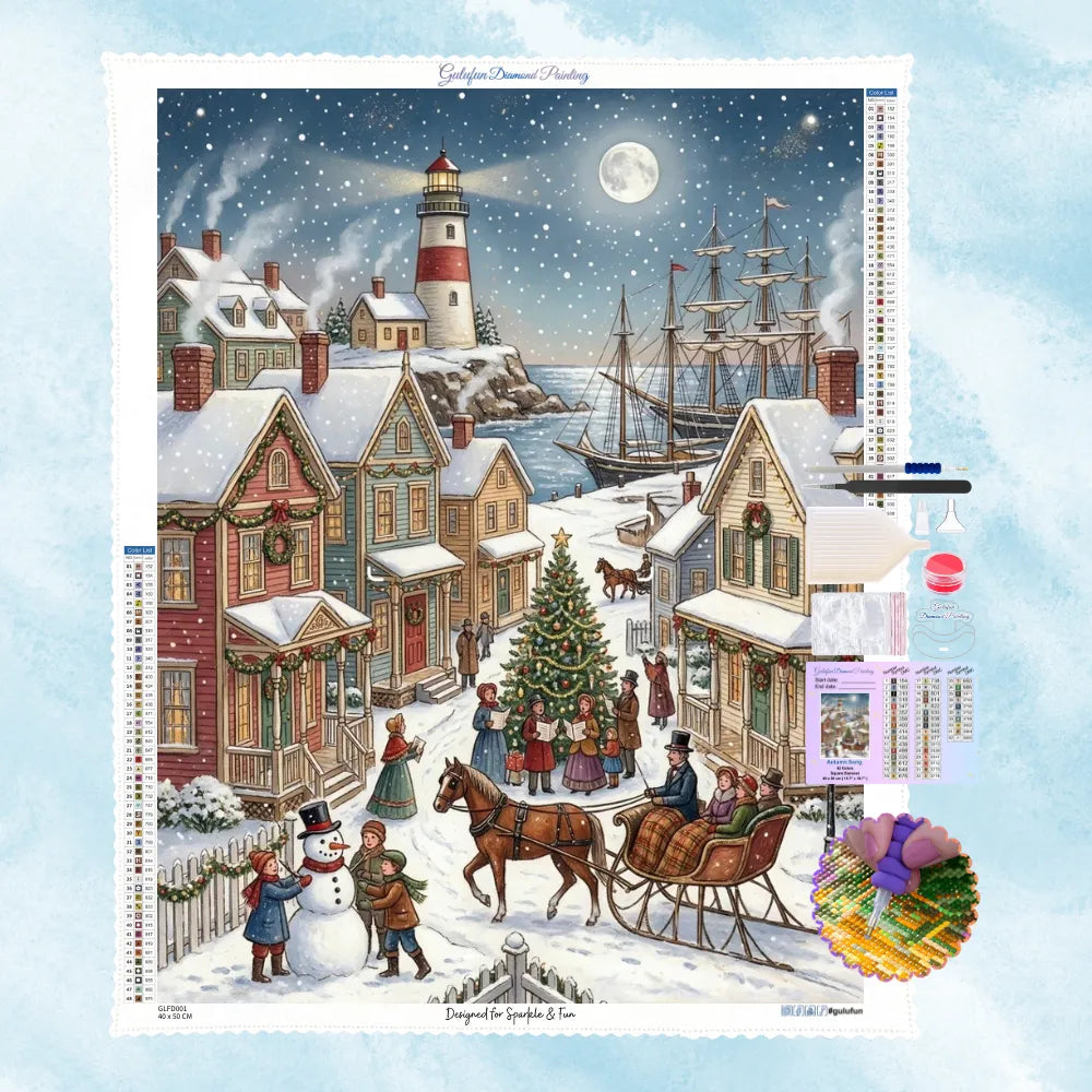 Kit de broderie diamant représentant un village côtier enneigé avec un phare, une chorale et un traîneau tiré par un cheval.