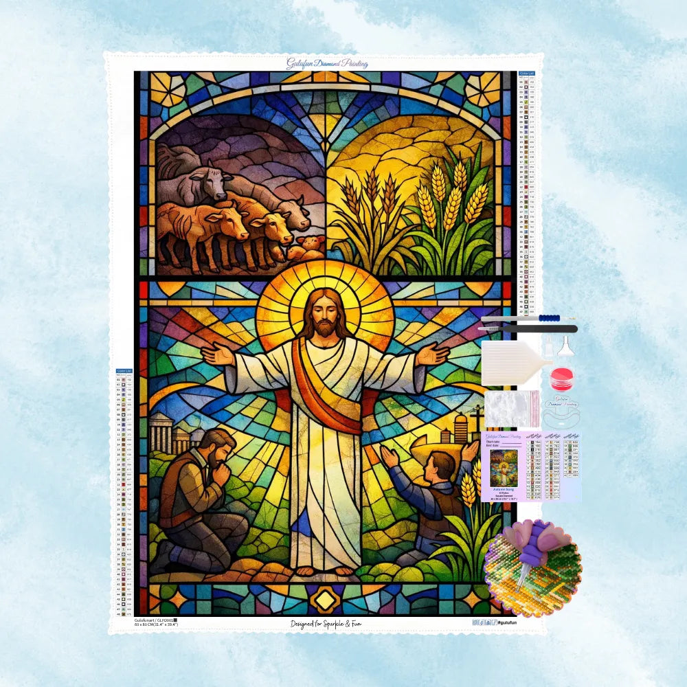 Kit de broderie diamant reproduisant un magnifique vitrail coloré de Jésus Christ avec des scènes de prière, du bétail et des champs de blé.