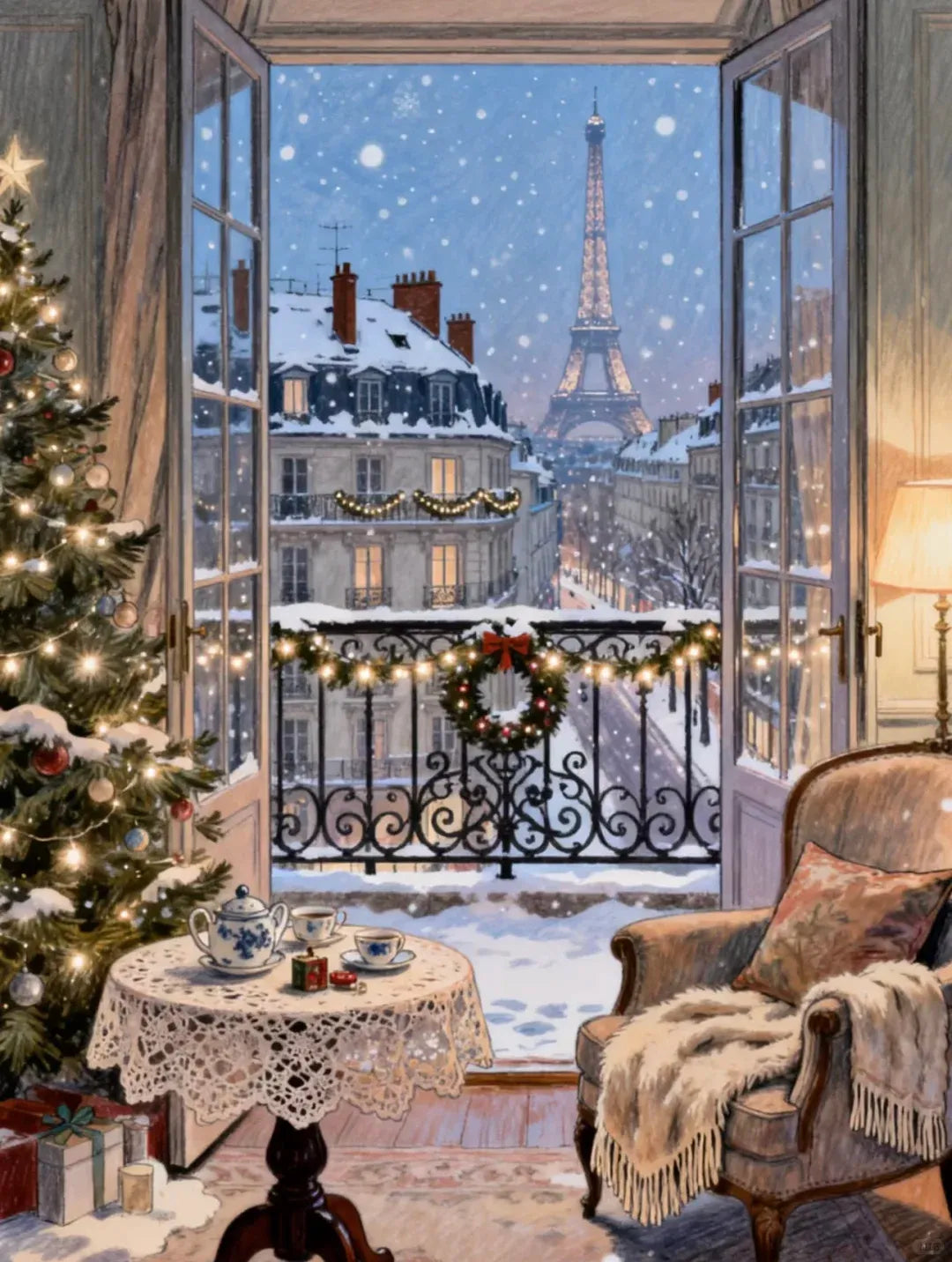 Illustration originale romantique de la Tour Eiffel sous les flocons de neige depuis une fenêtre ouverte avec service à thé