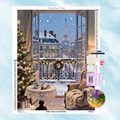 Kit complet de broderie diamant montrant un balcon parisien enneigé avec vue sur la Tour Eiffel et un sapin de Noël