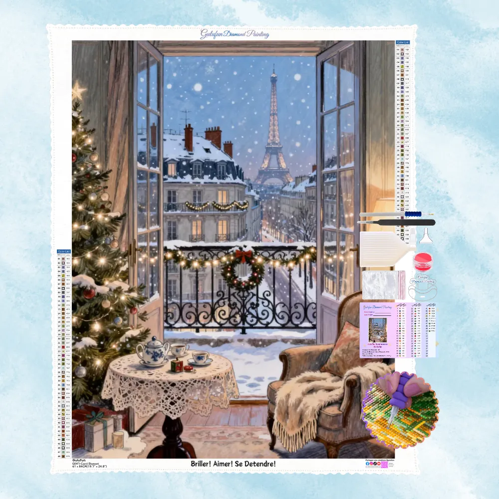 Kit complet de broderie diamant montrant un balcon parisien enneigé avec vue sur la Tour Eiffel et un sapin de Noël