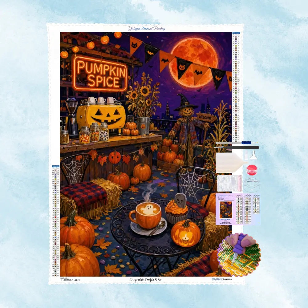 Kit complet de diamond painting d'un café d'Halloween avec toile, strass et outils.