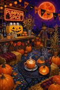 Illustration d'une terrasse de café décorée pour Halloween avec des citrouilles sous la lune.