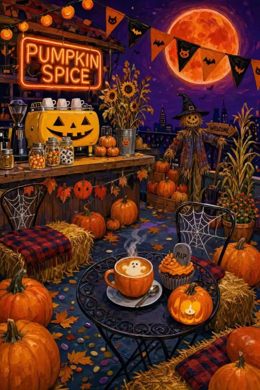 Illustration d'une terrasse de café décorée pour Halloween avec des citrouilles sous la lune.