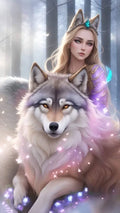 Illustration digitale féerique de la femme au loup magique servant de modèle de base pour le canevas diamant.