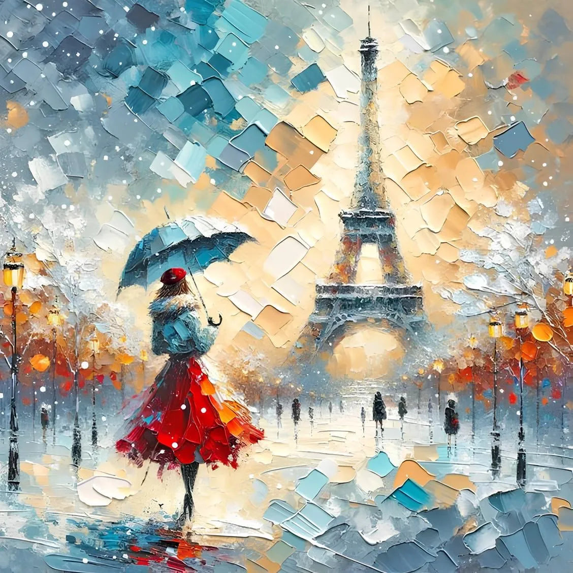 Peinture numérique originale de style impressionniste de la Tour Eiffel utilisée comme modèle de base pour le canevas diamant.