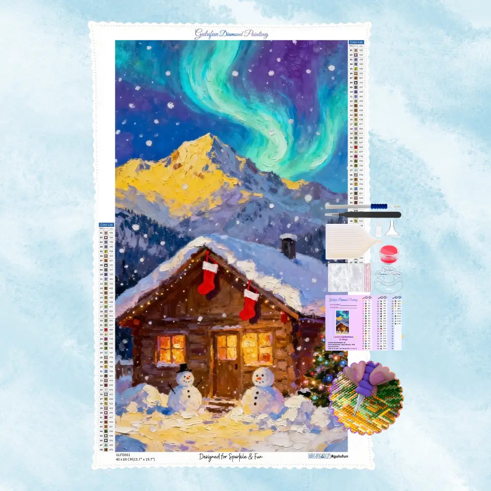 Kit de diamond painting complet représentant un chalet en bois sous une aurore boréale avec toile, strass et outils.