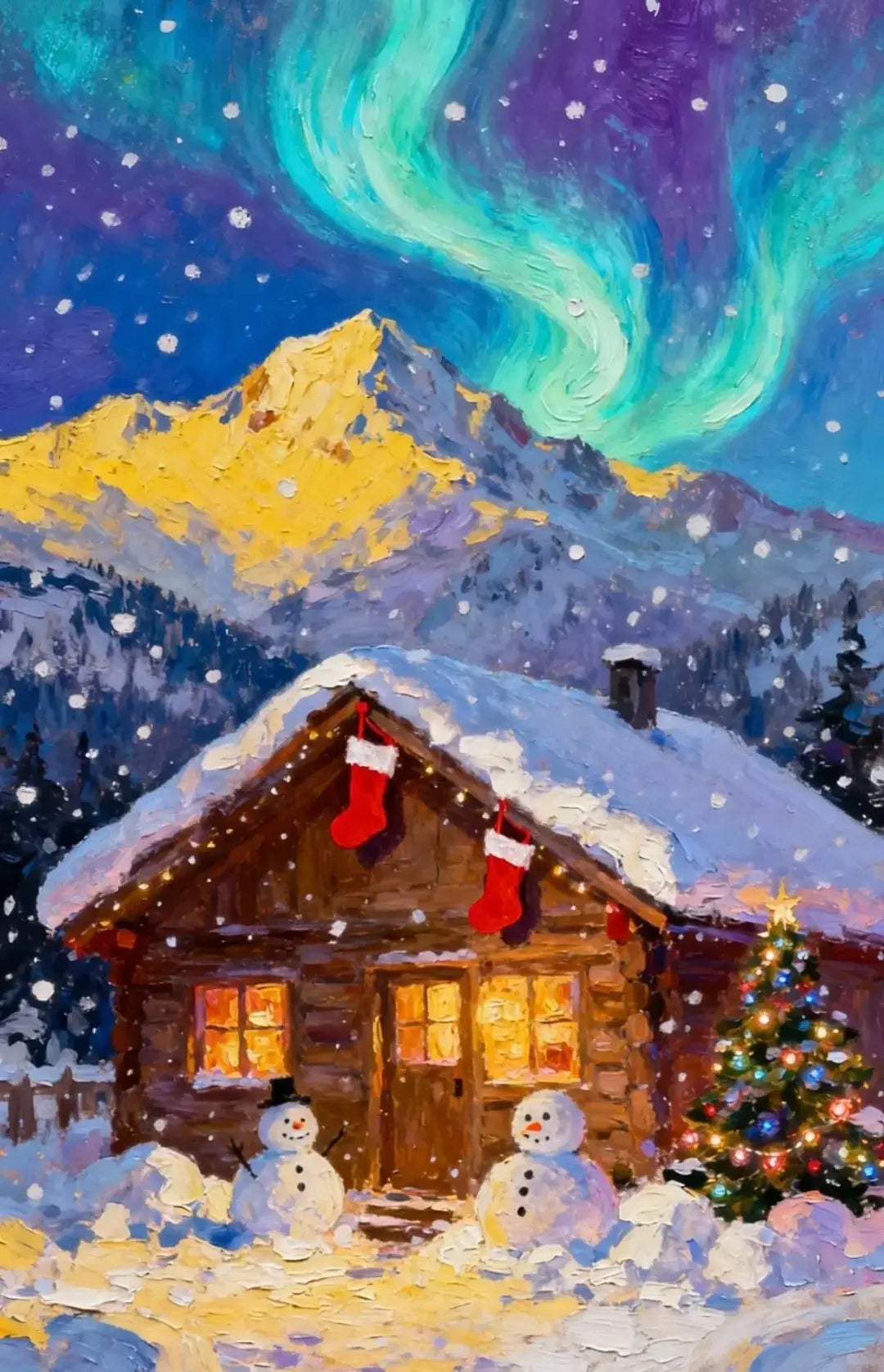 Peinture style huile d'un chalet enneigé sous une aurore boréale céleste avec des bonhommes de neige.