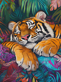 Illustration artistique d’un tigre endormi dans une jungle colorée au style onirique pour broderie diamant