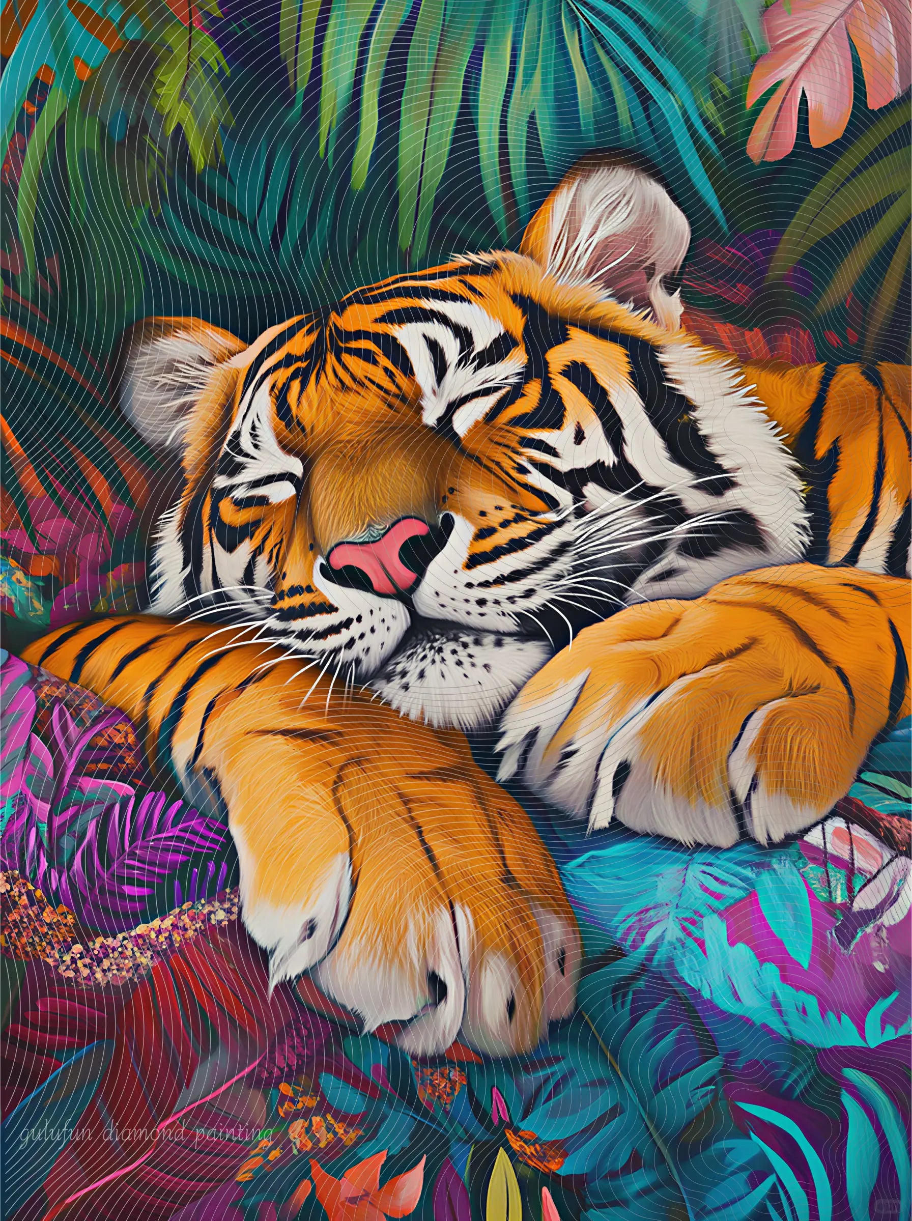 Illustration artistique d’un tigre endormi dans une jungle colorée au style onirique pour broderie diamant