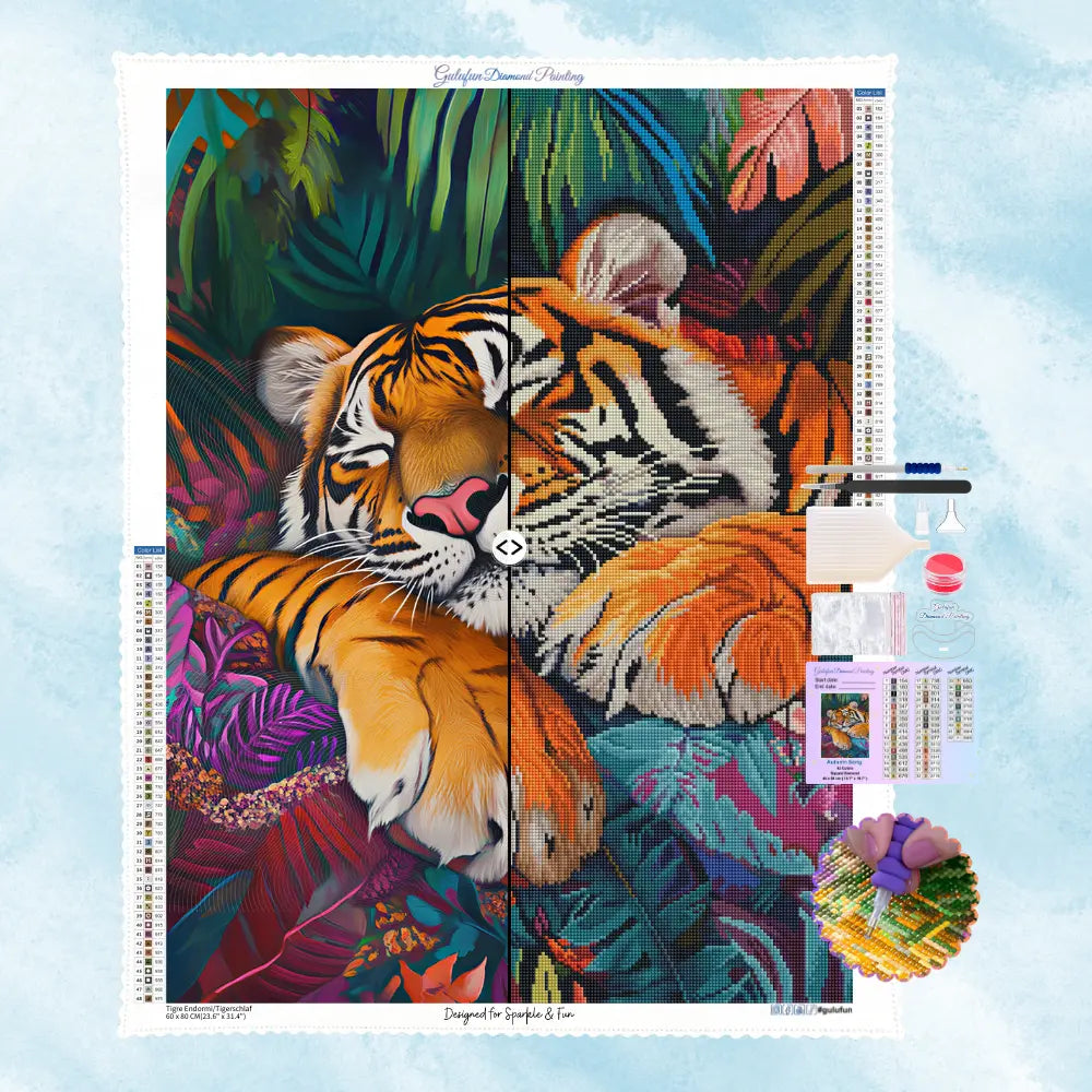 Kit complet de broderie diamant Tigre Endormi avec toile et accessoires