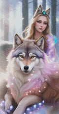 Simulation murale montrant le rendu final scintillant du diamond painting princesse et loup dans un intérieur douillet.