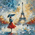 Simulation du rendu scintillant du diamond painting paysage parisien romantique accroché au mur d'un salon élégant.