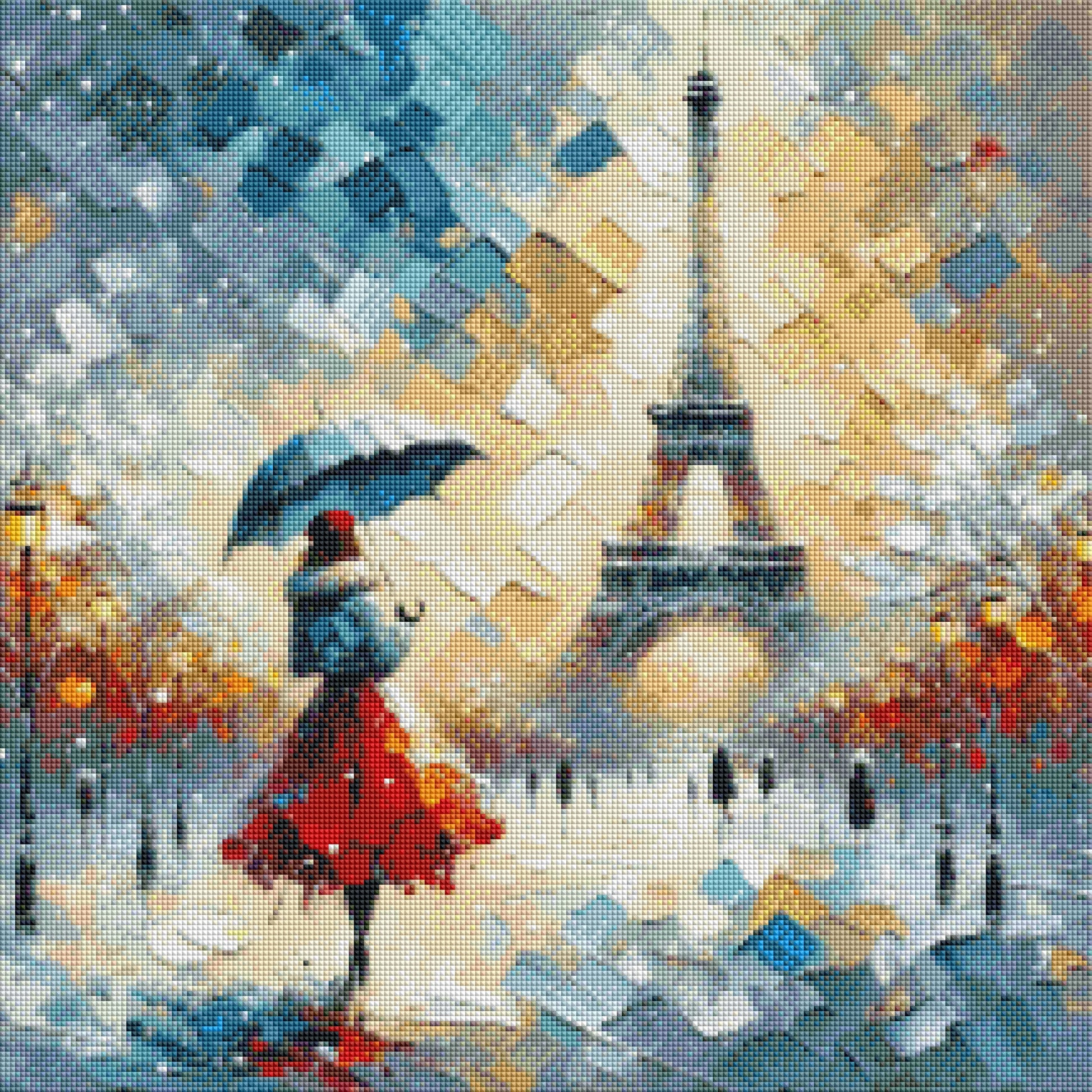 Simulation du rendu scintillant du diamond painting paysage parisien romantique accroché au mur d'un salon élégant.