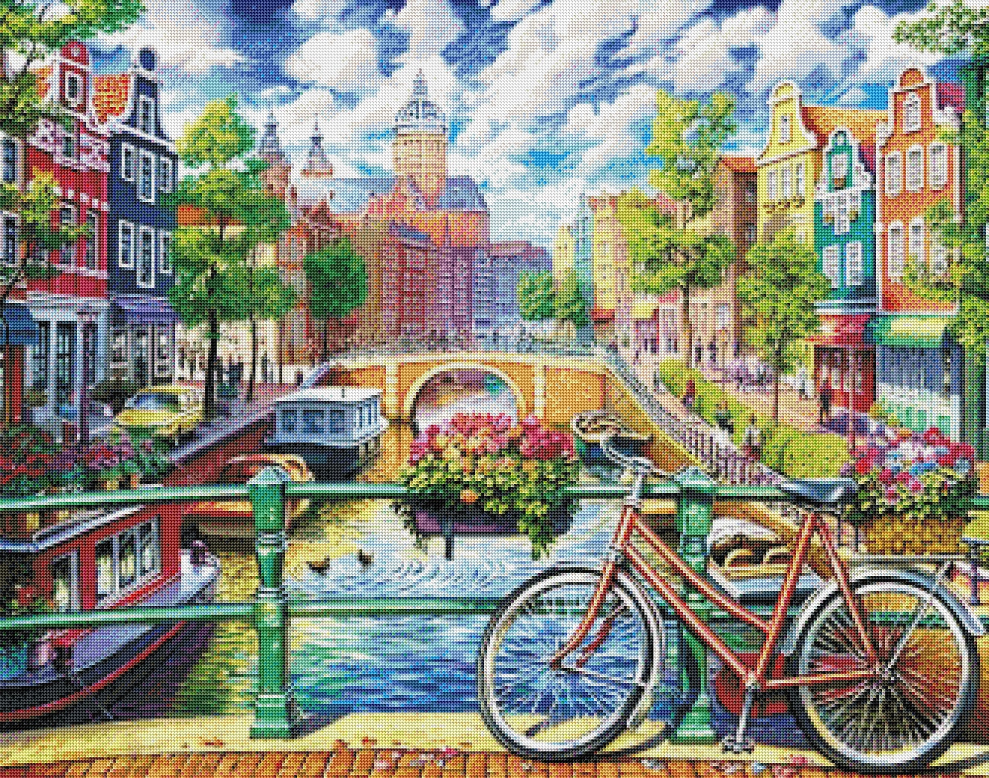 Simulation du rendu de la broderie diamant paysage urbain exposée sur un mur.