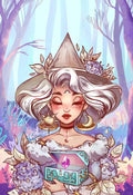 Illustration d'une sorcière tenant une boîte avec un cristal rose dans la forêt.