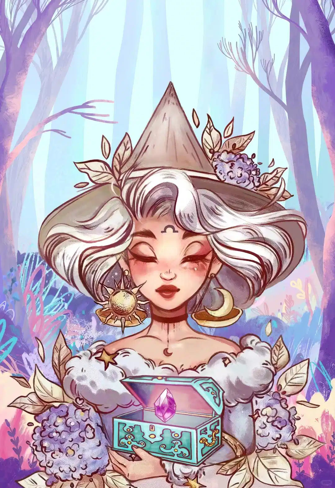 Illustration d'une sorcière tenant une boîte avec un cristal rose dans la forêt.