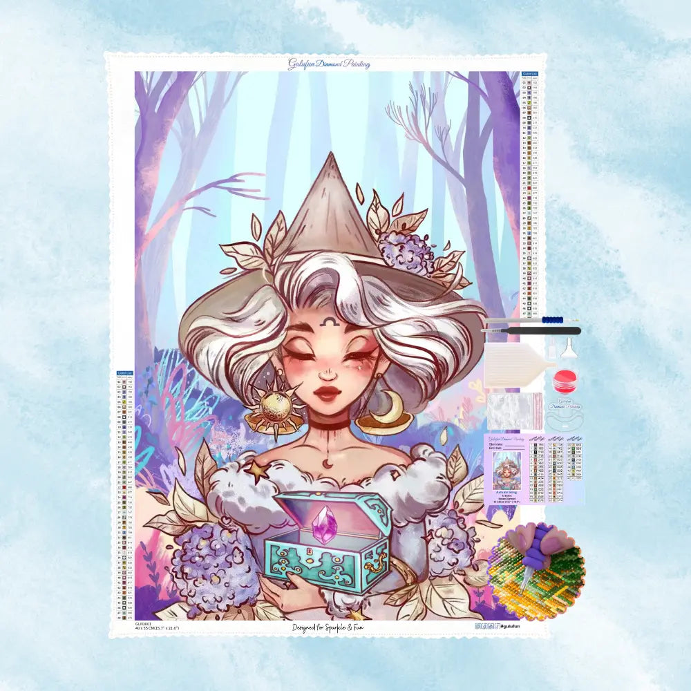Kit complet de diamond painting d'une sorcière au cristal avec toile et matériel.