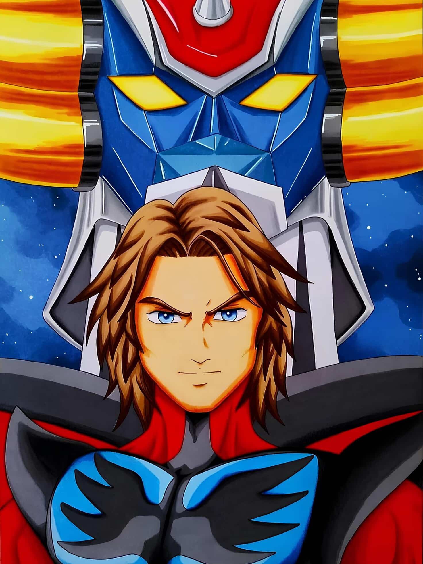 Illustration originale de Goldorak et Duff, base pour la broderie diamant.