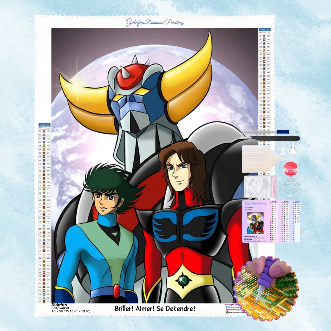 Broderie Diamant Goldorak et les guerriers – Kit complet avec tous les diamants et accessoires inclus