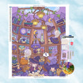 Ensemble de diamond painting illustrant un cabinet magique avec toile et outils.