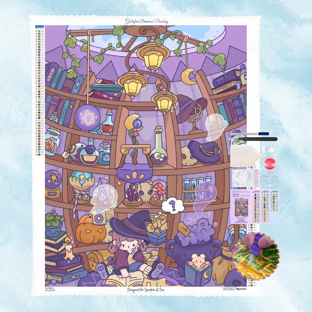 Ensemble de diamond painting illustrant un cabinet magique avec toile et outils.