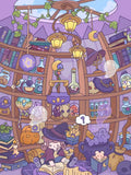Illustration d'une petite sorcière lisant dans son grenier rempli de potions.