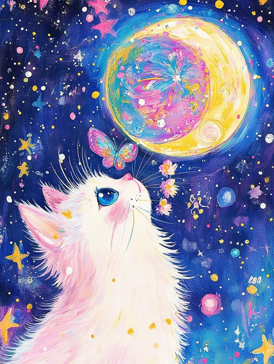 Peinture d'un chat aux yeux bleus observant un papillon volant devant une lune multicolore entourée d'étoiles.