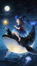 Illustration numérique d'une jeune fille au chapeau pointu assise sur le dos d'une grande baleine nageant dans une mer étoilée sous la lune.