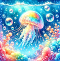 Image fantastique d'une méduse brillante flottant sous l'eau parmi des bulles et des récifs coralliens aux couleurs pastel.
