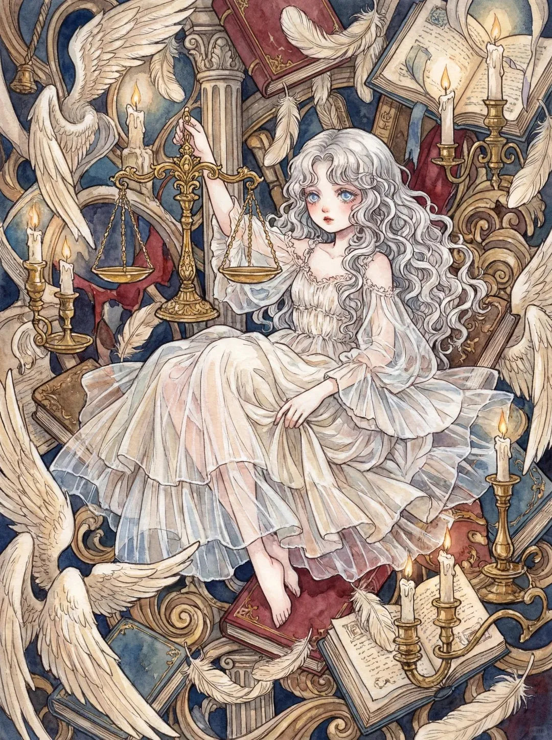 Illustration aquarelle d'une figure angélique assise avec une balance de justice et des bougies allumées.