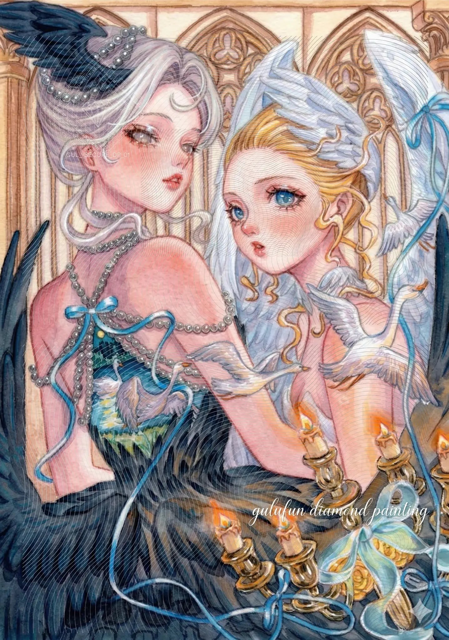 L'illustration originale protégée par copyright de l'œuvre 'Anges & Cygnes' de Gulufun Diamond Painting, représentant deux personnages angéliques gothiques entourés de cygnes, servant de modèle exclusif pour notre kit de broderie diamant premium.