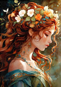 Illustration originale protégée par copyright 'Chant d'Automne' représentant une femme rousse féerique avec une couronne de fleurs. Modèle exclusif pour broderie diamant premium aux détails artistiques raffinés.
