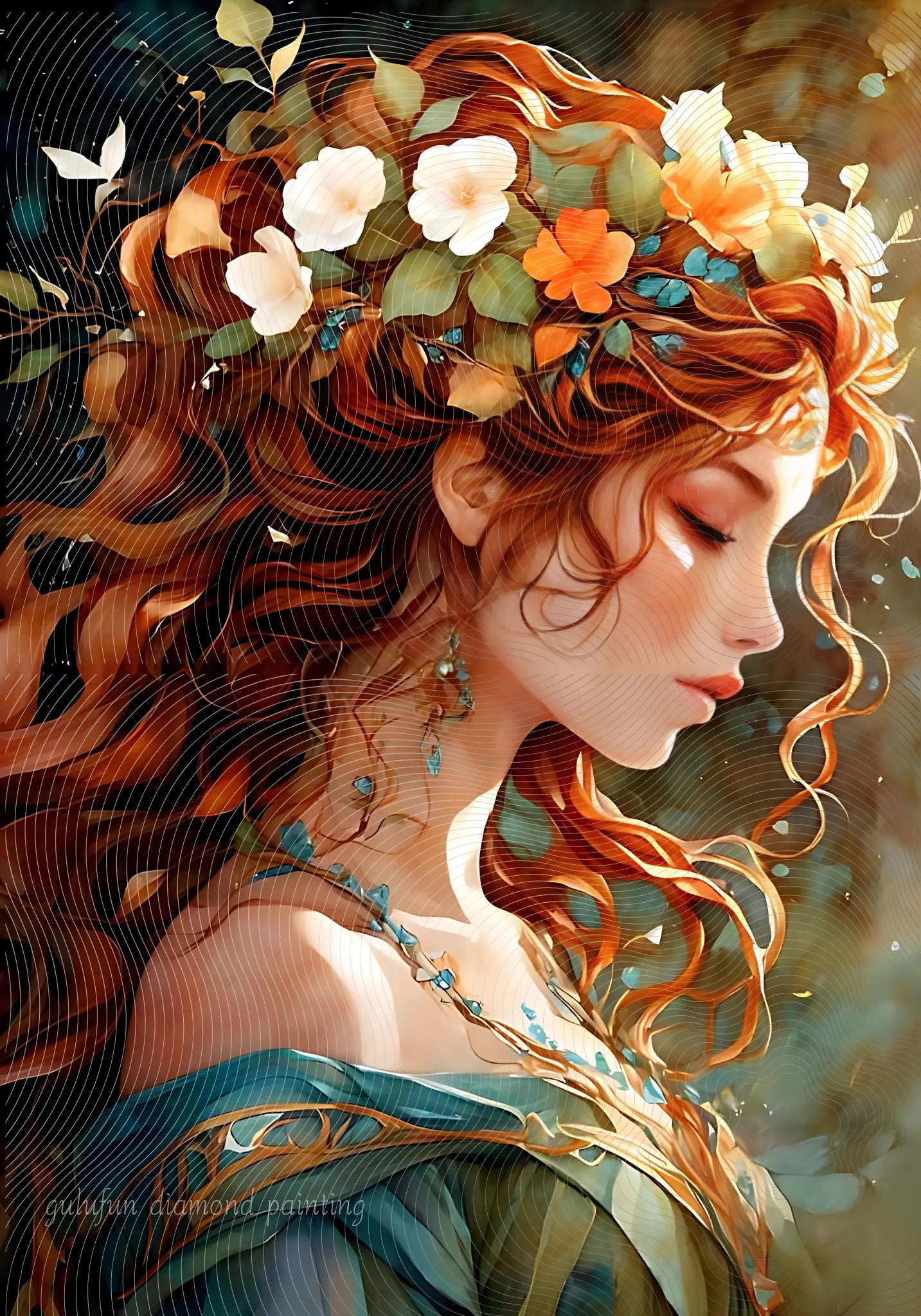 Illustration originale protégée par copyright 'Chant d'Automne' représentant une femme rousse féerique avec une couronne de fleurs. Modèle exclusif pour broderie diamant premium aux détails artistiques raffinés.