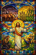 Illustration graphique détaillée d'un vitrail d'église montrant Jésus les bras ouverts au centre, entouré de symboles de foi et de récolte.