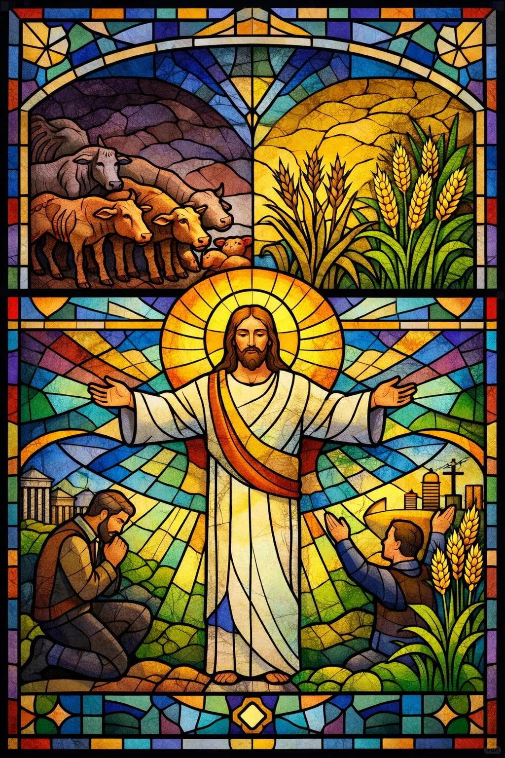 Illustration graphique détaillée d'un vitrail d'église montrant Jésus les bras ouverts au centre, entouré de symboles de foi et de récolte.
