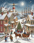 Peinture classique d'une scène d'hiver montrant des maisons sous la neige, un grand sapin décoré et des habitants célébrant Noël près de l'océan.