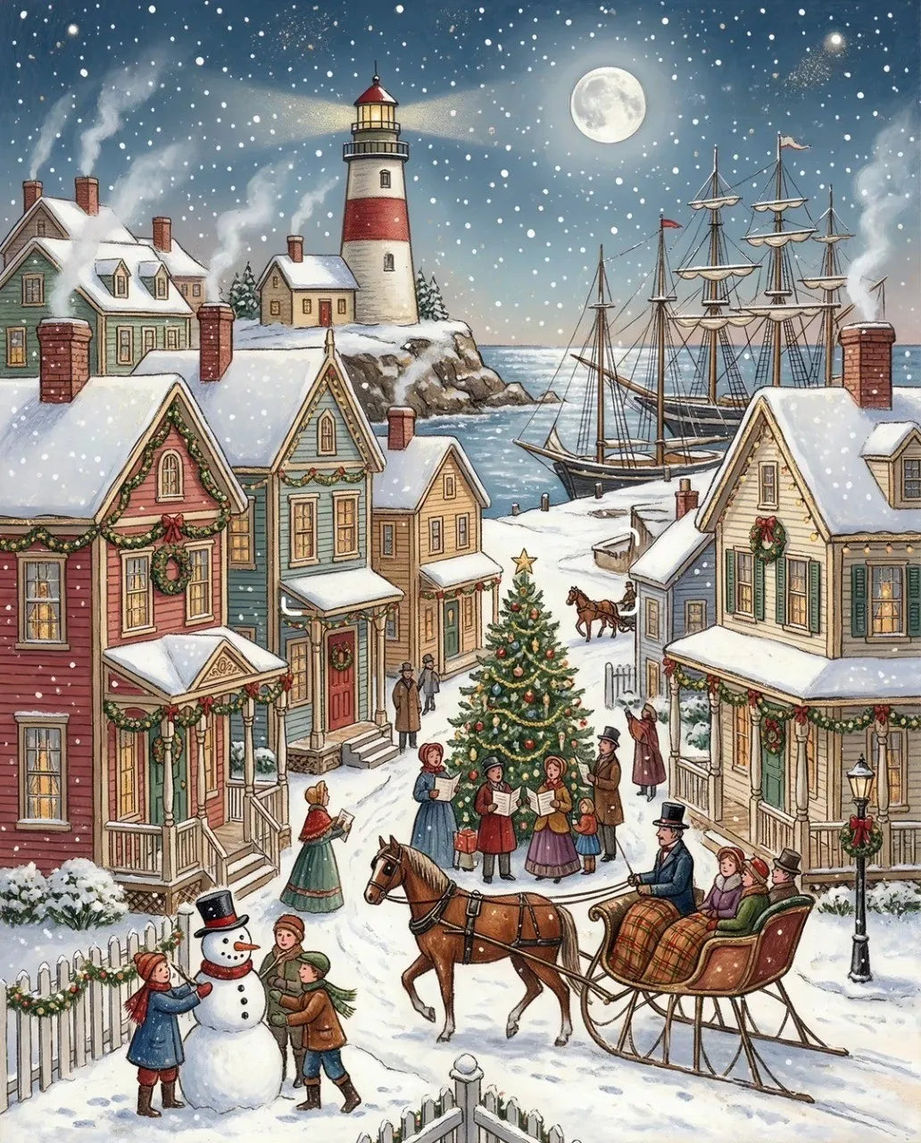 Peinture classique d'une scène d'hiver montrant des maisons sous la neige, un grand sapin décoré et des habitants célébrant Noël près de l'océan.