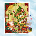 Kit de création diamond painting d'un bonhomme de neige souriant au pied d'un grand sapin de Noël avec outils de strassage.