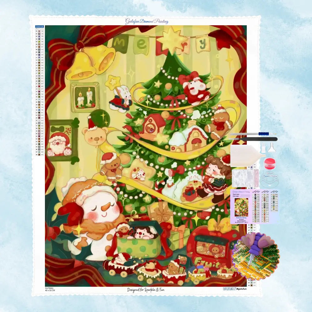 Kit de création diamond painting d'un bonhomme de neige souriant au pied d'un grand sapin de Noël avec outils de strassage.