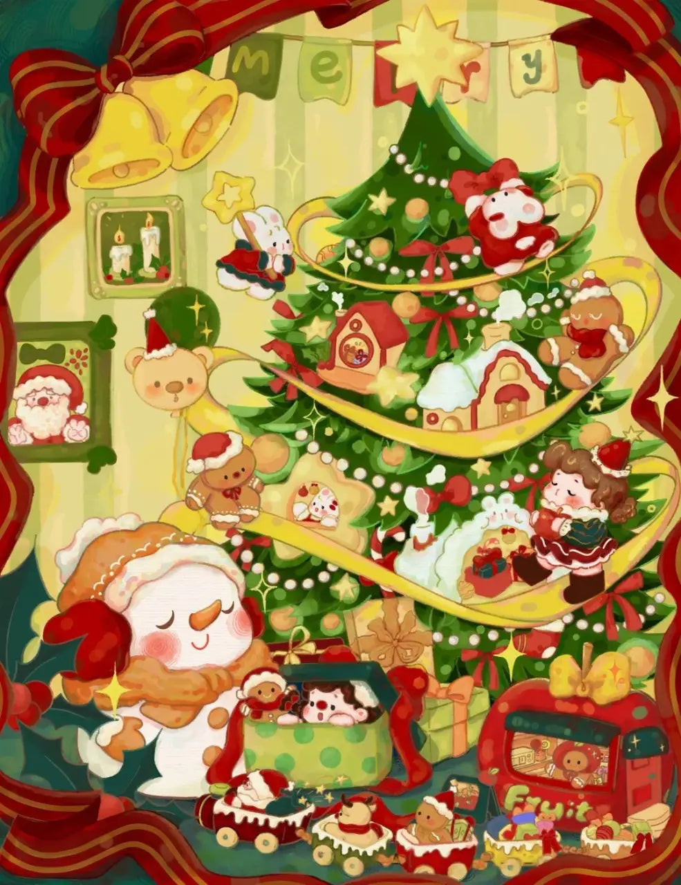 Illustration détaillée d'un bonhomme de neige souriant devant un sapin de Noël illuminé.