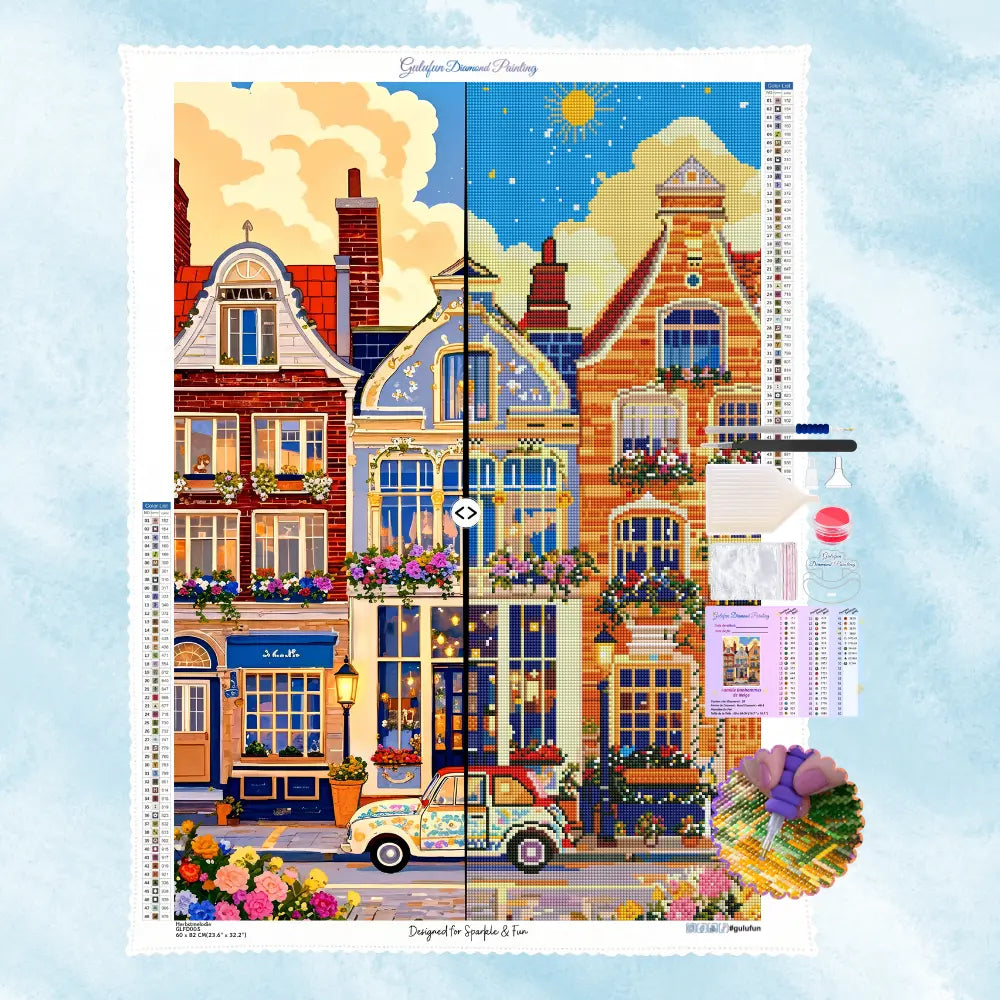Kit complet de diamond painting avec toile à bord ondulé, strass colorés et outils de loisirs créatifs Gulufun.